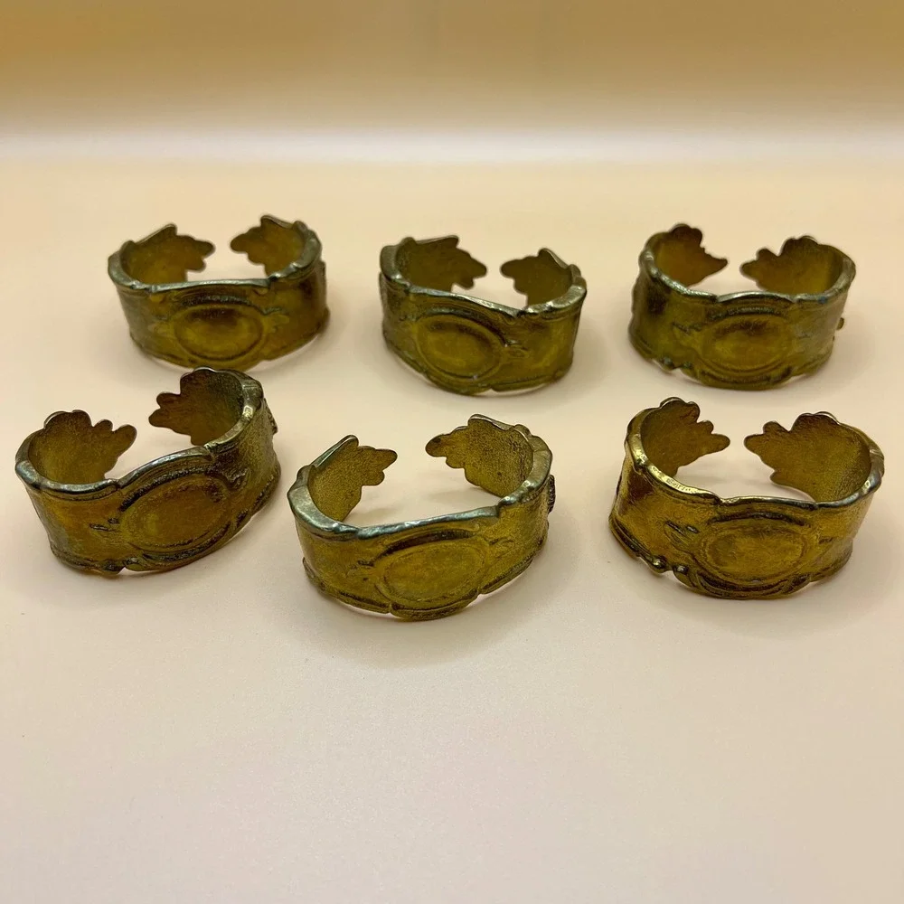 Vintage Brass Rococo Napkin Rings Set of 6 Ornate Open Cuff Gold Tone Victorian